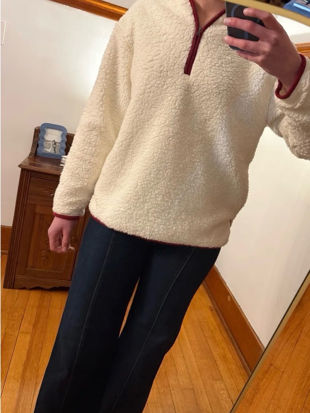 Wrangler Retro Cream Sherpa Jacket with Burgundy Trim